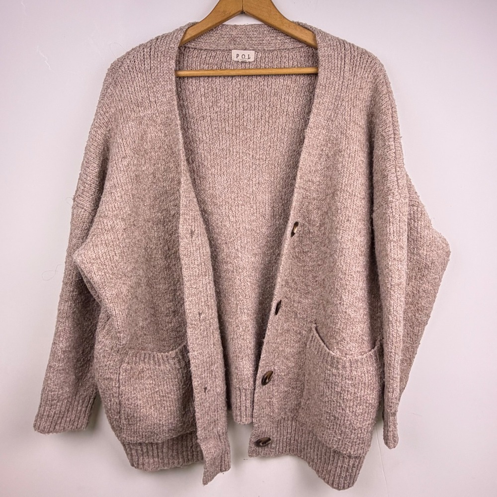 POL Tan Fall Soft Oversized Knit Button Front Cardigan Sweater Pockets M